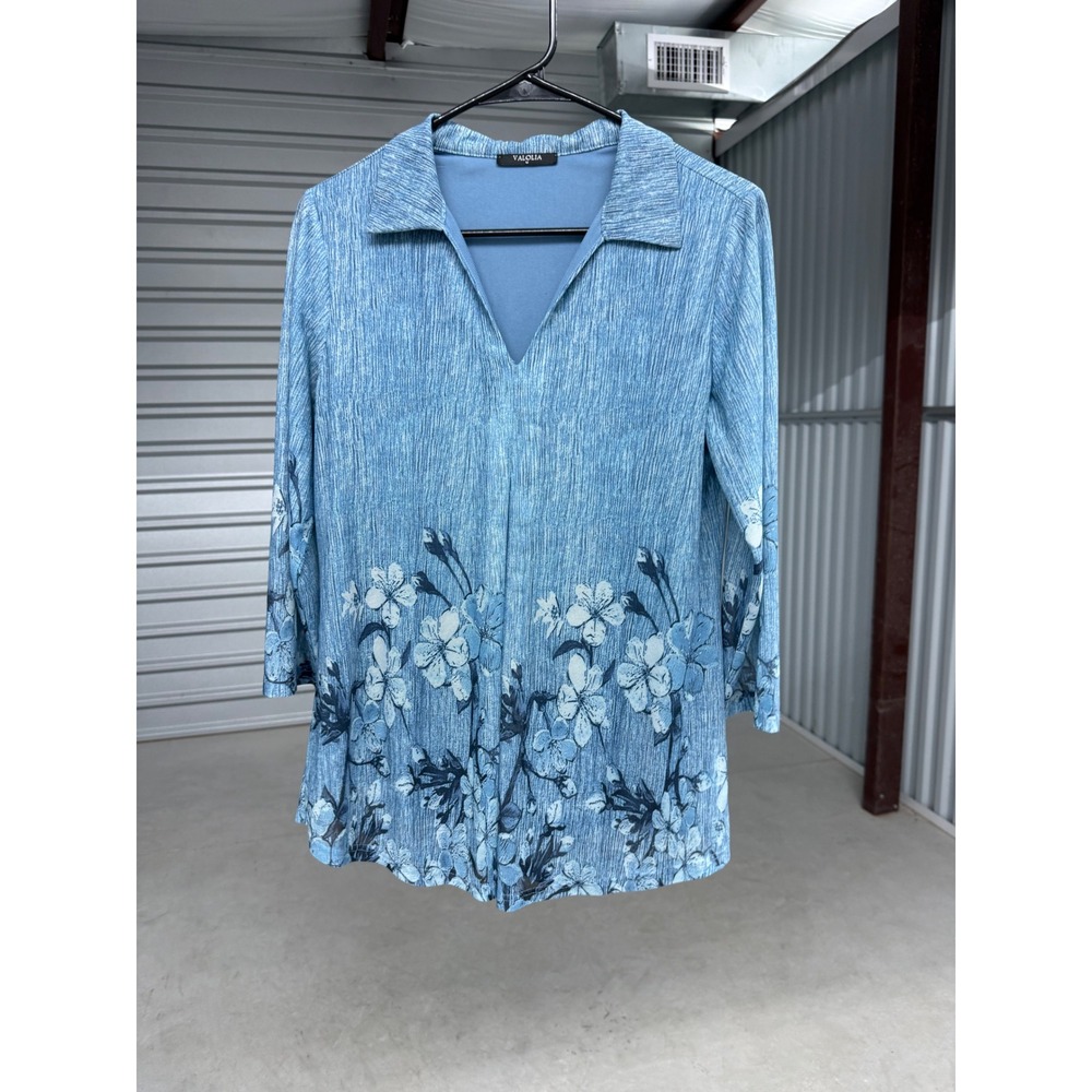 Valolia Blue Floral Print V-Neck Tunic Blouse 3/4 Sleeve Textured Top Womens M